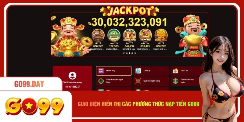 Giao diện hiển thị các phương thức nạp tiền go99